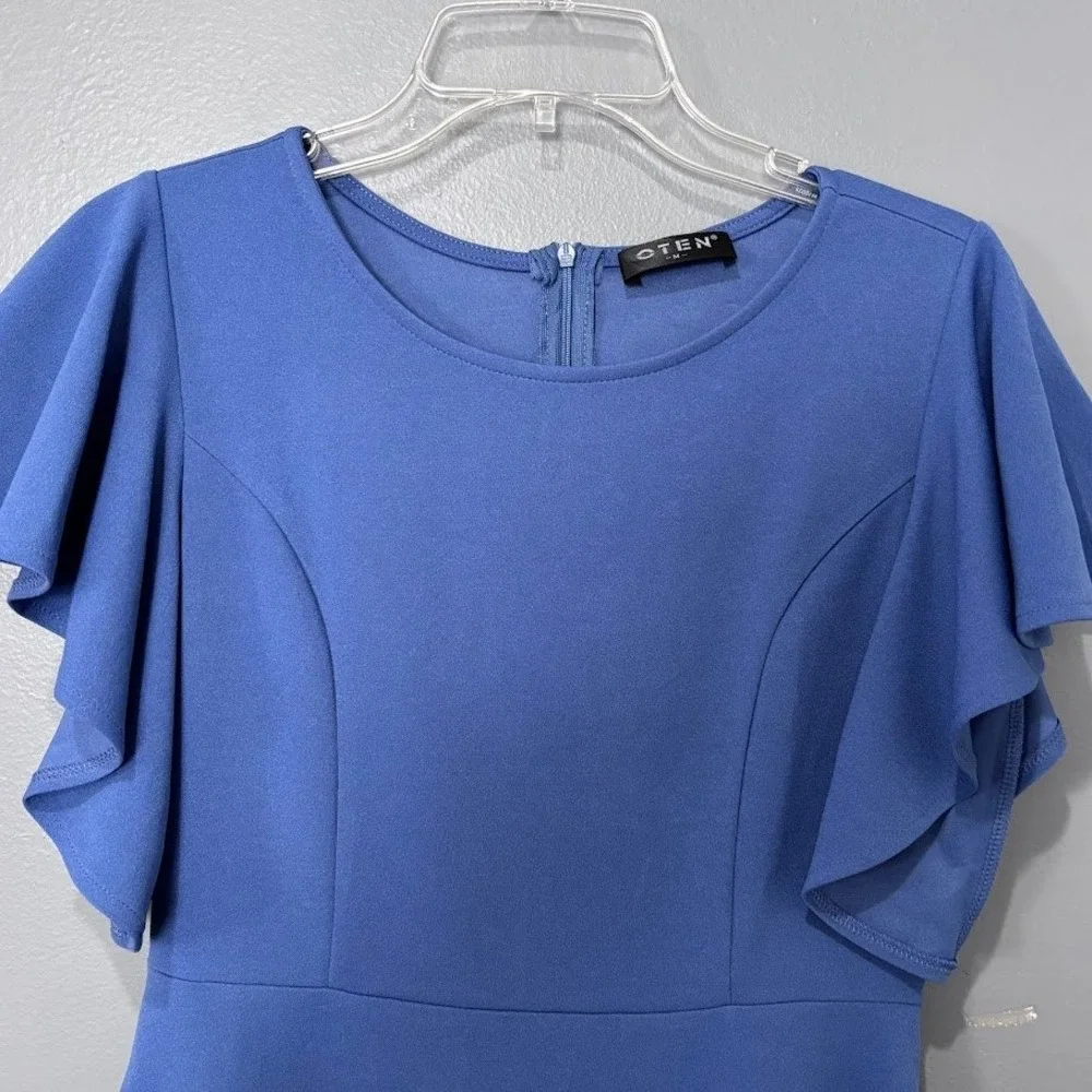 OTEN Skater Dress Women Med Blue Crepe Flutter Sleeve Fit Flare Cocktail‎ Party